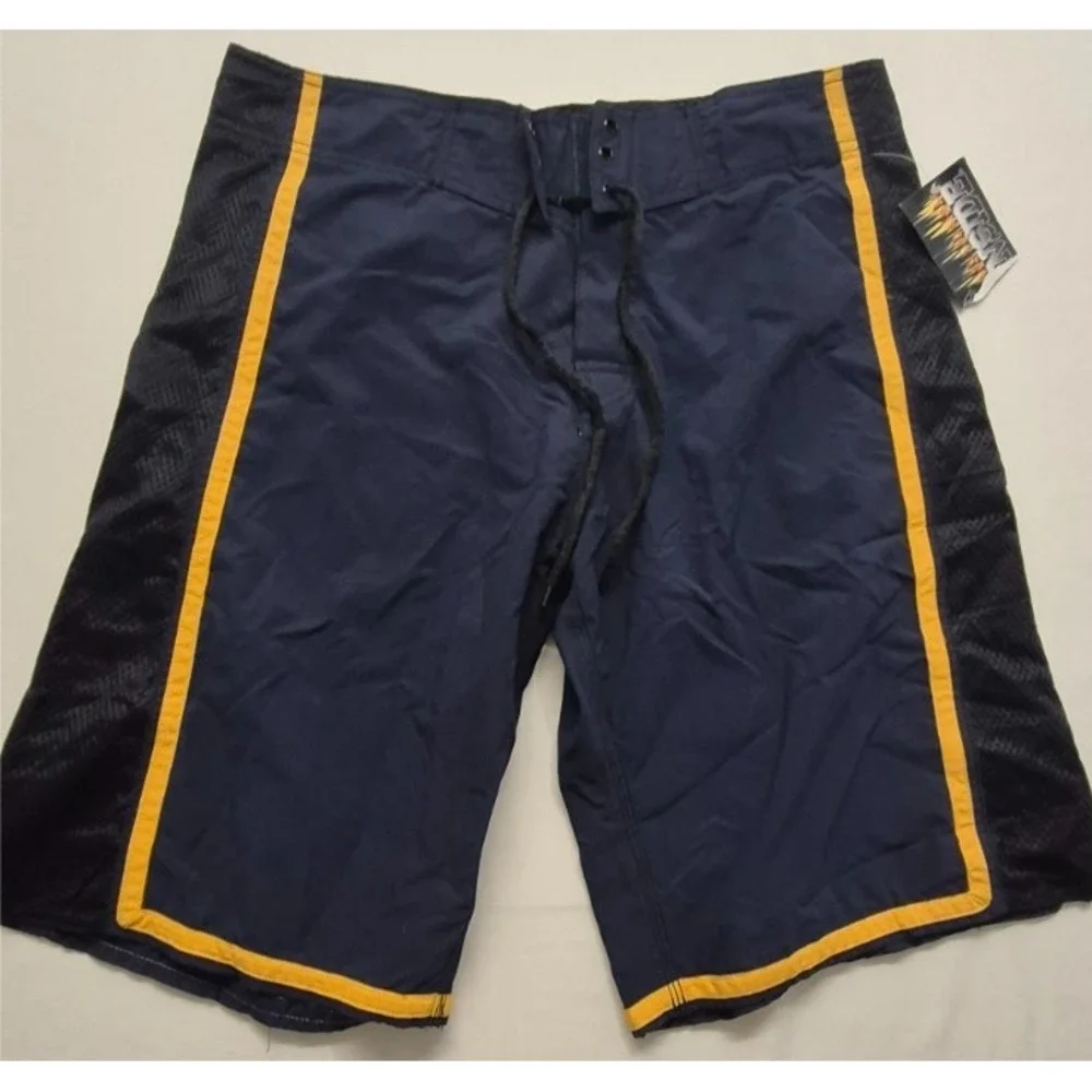 NWT Burnside men's‎ navy blue/black/yellow board shorts sz. 32 drawstring